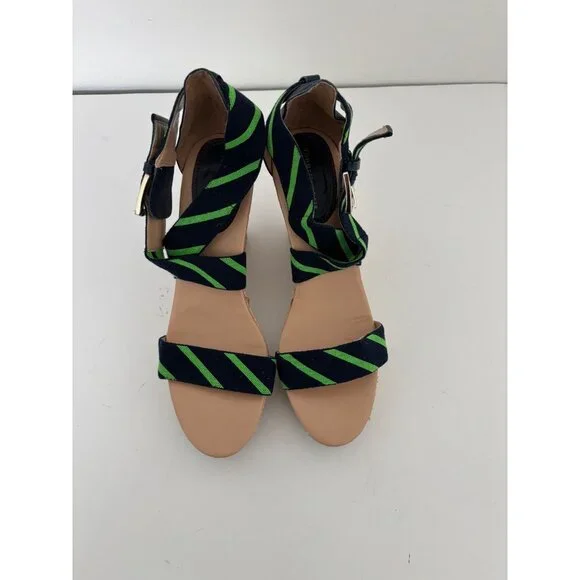 Tommy Hilfiger Sandals 10 Wedge Navy Green Striped Espadrille Preppy Nautical - Picture 5 of 16